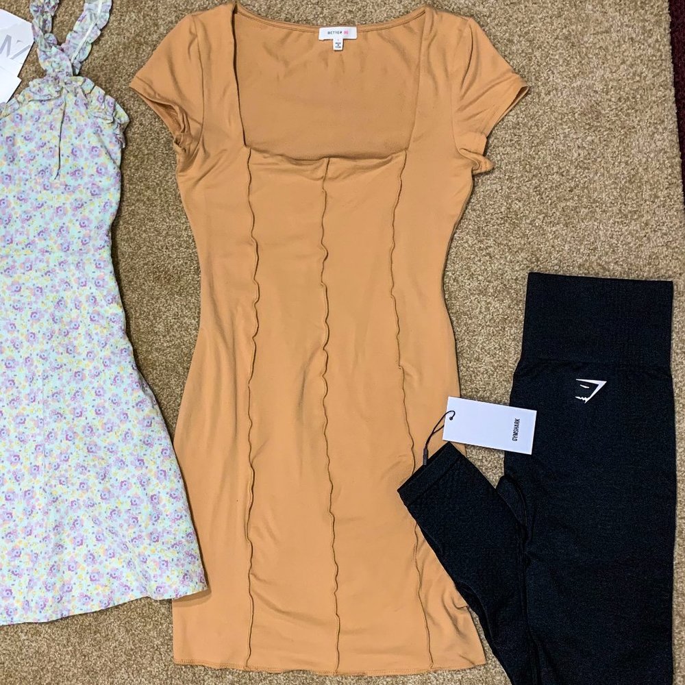 NWOT Neutral tan exposed seam bodycon dress